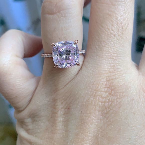 Diamond Under Halo Ring with 5 Carat Cushion Cut‎ Morganite Engagement Ring - Picture 8 of 17